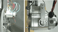 Pictured to the left is a front view of the AMPS’s left arm and drive wheel.  The photo shows how the encoder is attached to the drive wheel and how the ring gear (rack) interfaces with the motor’s pinion gear.  To the right is a close-up top view of the propulsion assembly, with the reaction forces and torques indicated on the photo.  The overall action of the propulsion system occurs by having the pinion gear on the motor turn against the drive wheel ring gear.  The reaction force rotates the motor body about a pivot, which allows for the load cell attached between the motor body and the stationary arm bracket to be compressed, effectively measuring the drive wheel tangential force. 